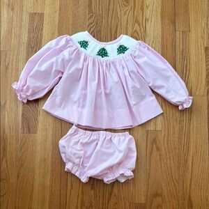 Cecil and Lou Pink Baby Outfit with Christmas Tree Embroidery
